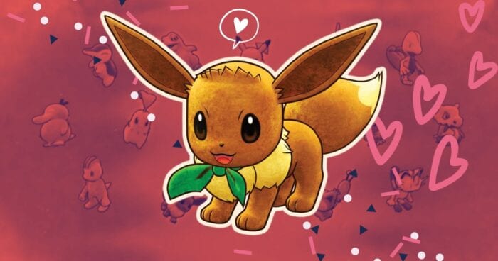 Eevee in Pokemon Rescue Team DX against a pink background