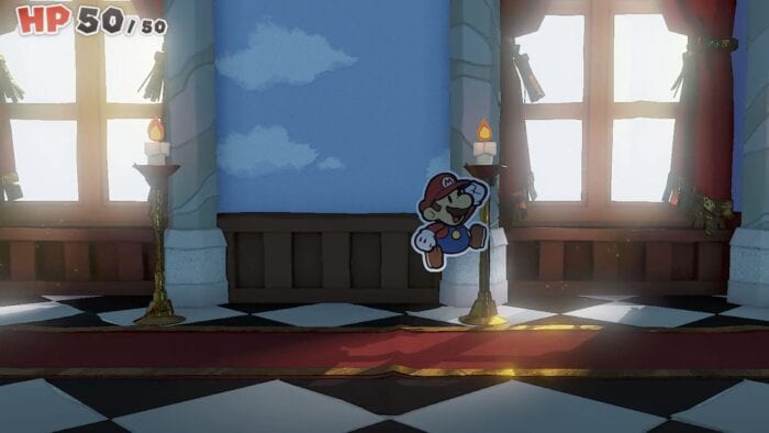 Paper Mario jumping through Peach's Castle