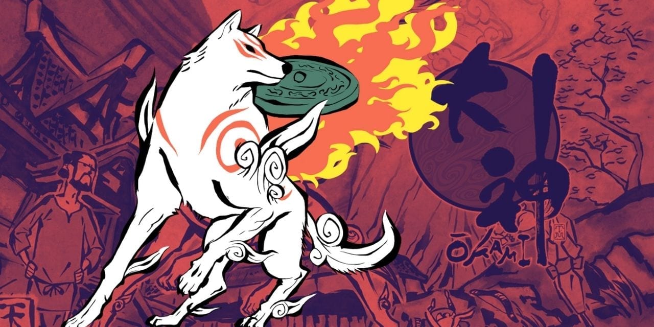 Okami dog against red background