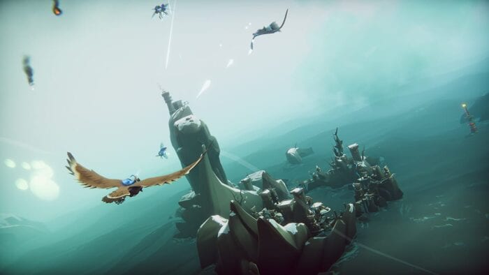 An image from The Falconeer. There is a battle of some sort going on and an ocean can be seen.