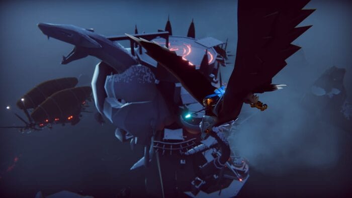 An image from The Falconeer. It is dark and the giant bird is in front of a some sort of tower.