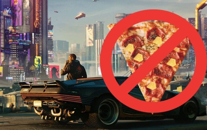 cyberpunk image with a pizza placed over it. a sign denotes "banned"