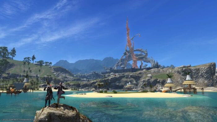 An image of Costa Del Sol in Final Fantasy XIV with 2 characters posing on a rock.