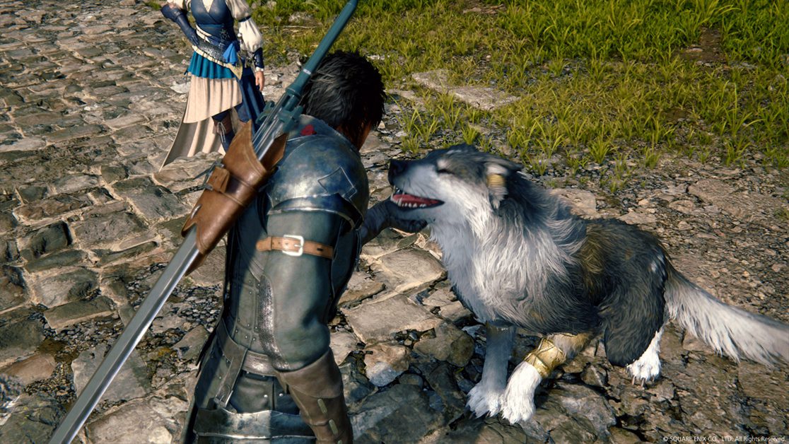 A screenshot taken from Final Fantasy 16 showing protagonist Clive and his wolf companion.